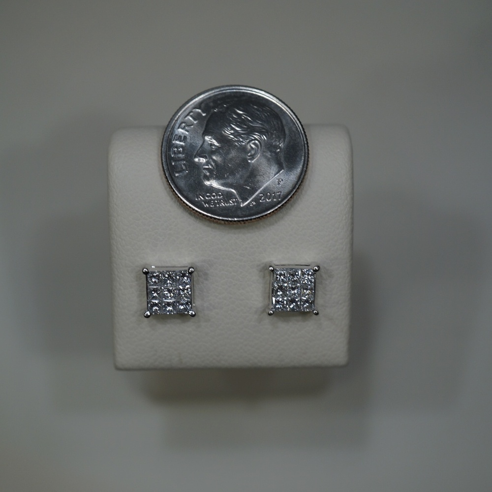 18KW Gold Invisible set Princess Diamond Earrings - Picture 7 of 7